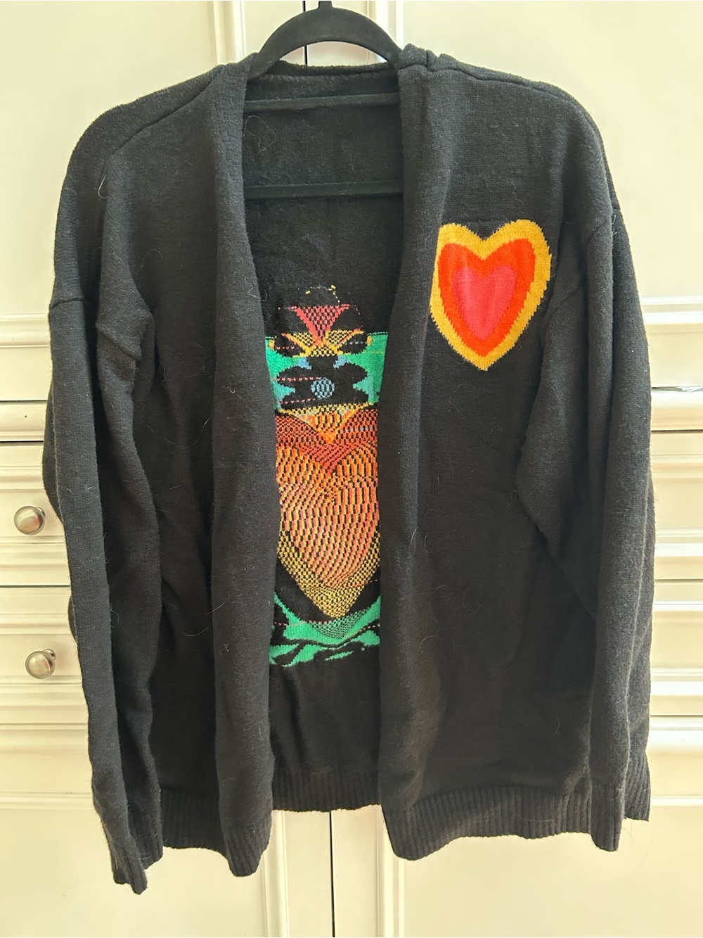 Black Cardigan with Colorful Heart and Graphic Panel